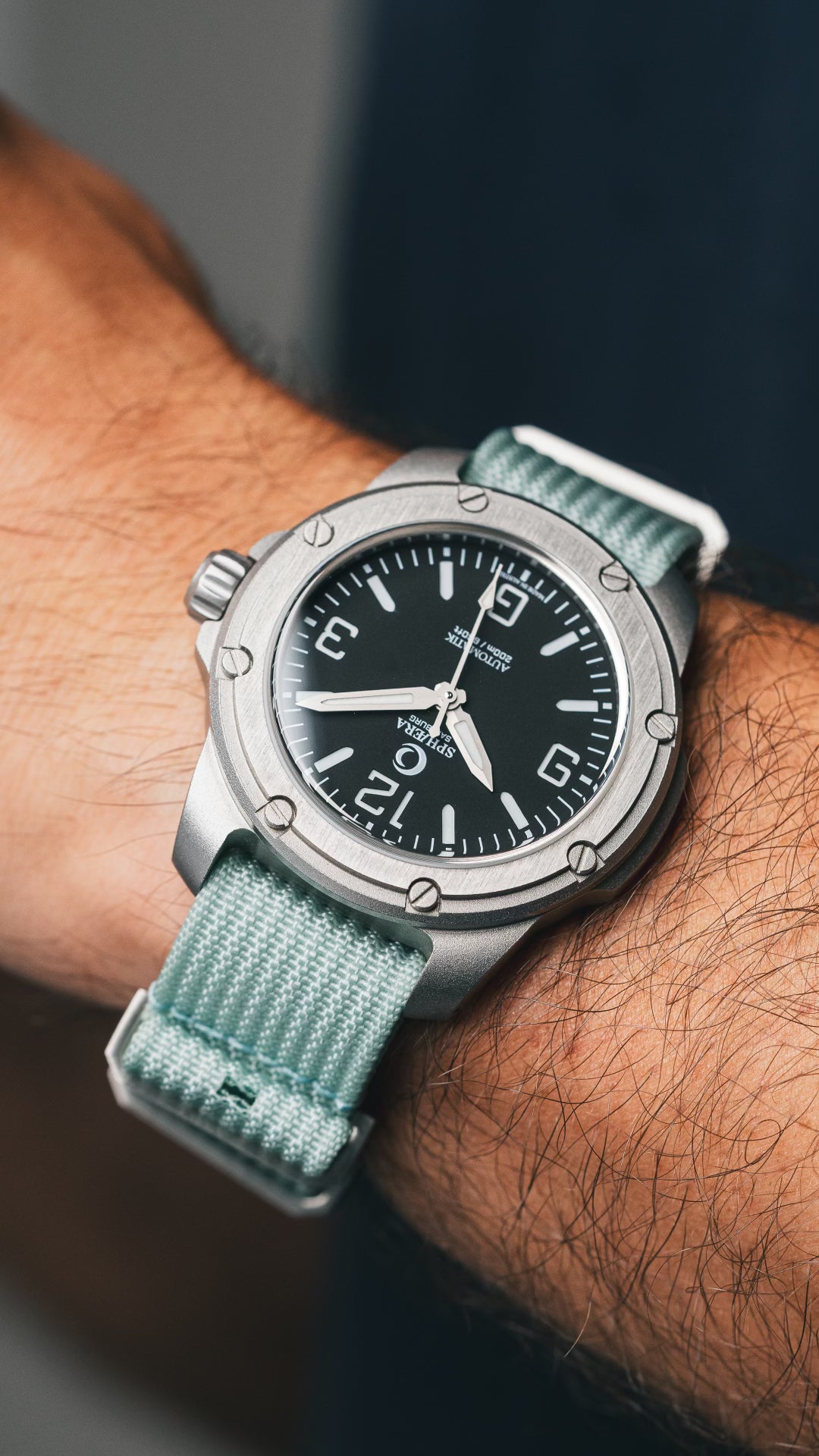 Polierte Dornschließe mit TWG Logo am Ribbed NATO 3.0 in Hellblau