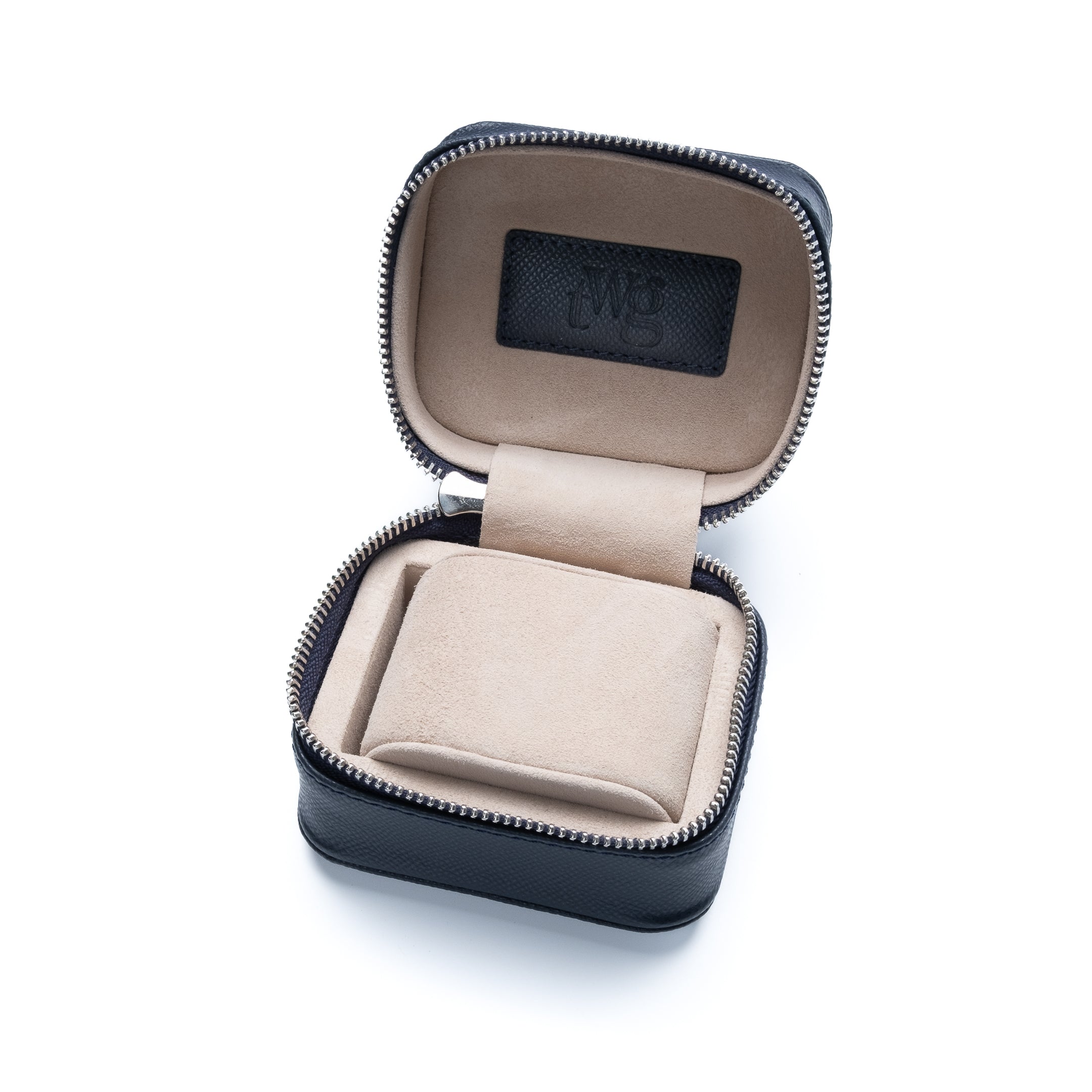 Innenansicht der dunkelblauen TheWristGuy Uhrenbox – weiches Inlay zum Schutz einer einzelnen Uhr