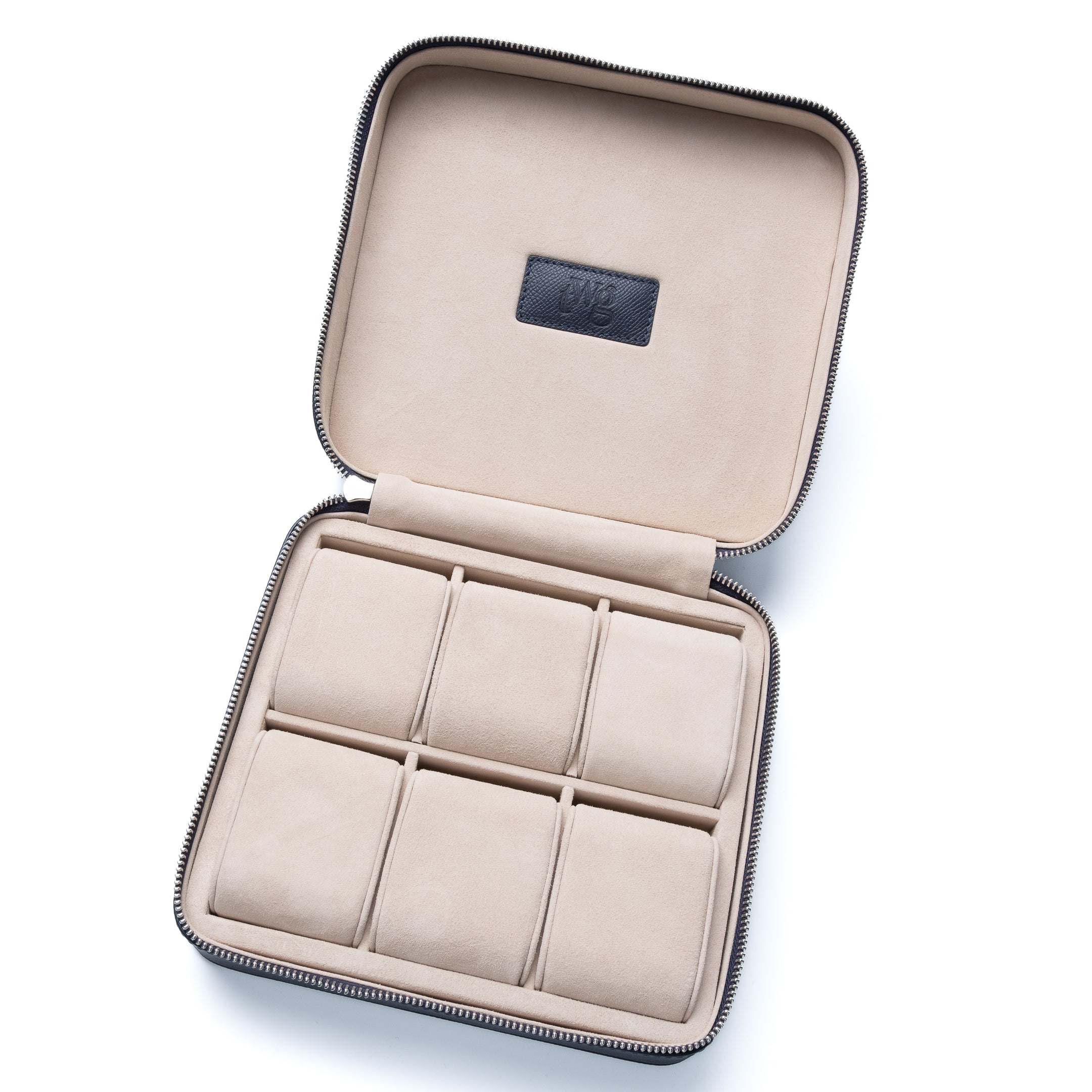 Hochwertiger Reißverschluss und glattes Leder der TheWristGuy Uhrenbox in Dunkelblau