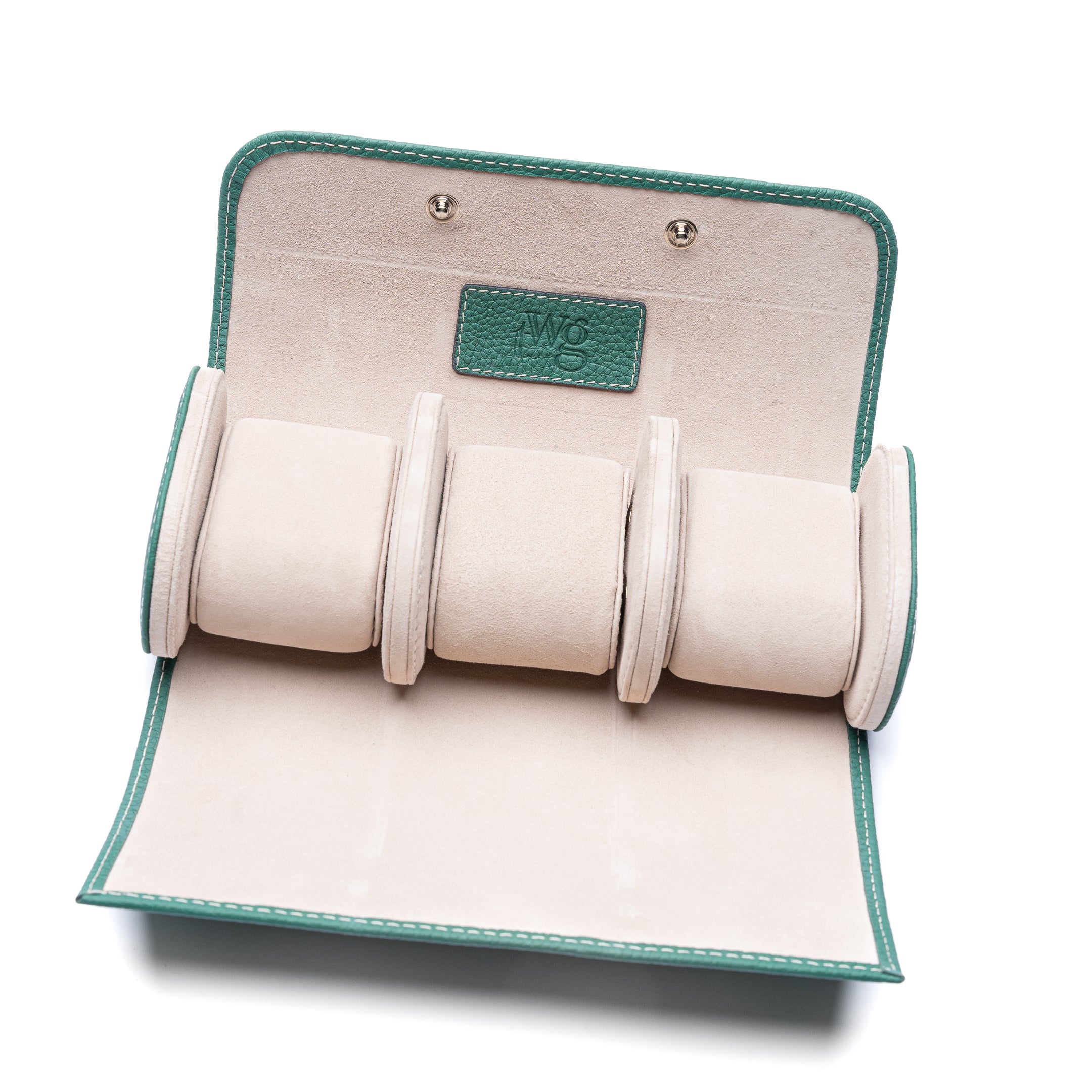 Dunkelgrüne Uhrenrolle mit drei Uhren von TheWristGuy – perfekt für Reisen und Uhrenliebhaber