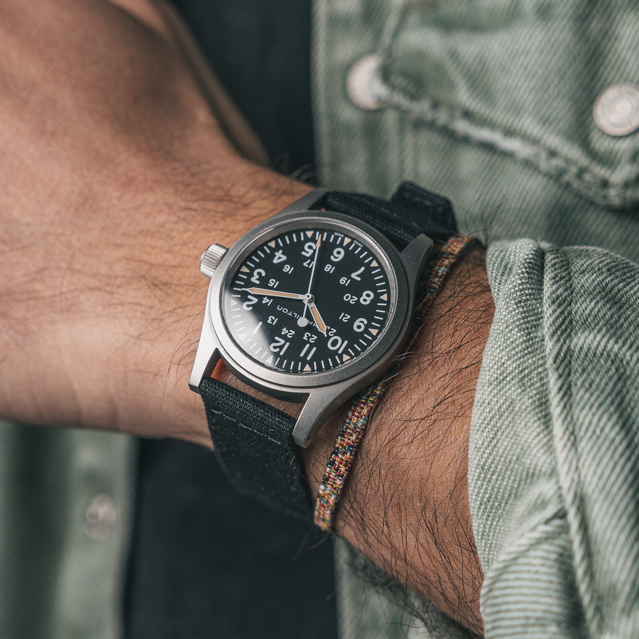 Canvasband mit Klettverschluss, schwarz. Handgelenksansicht