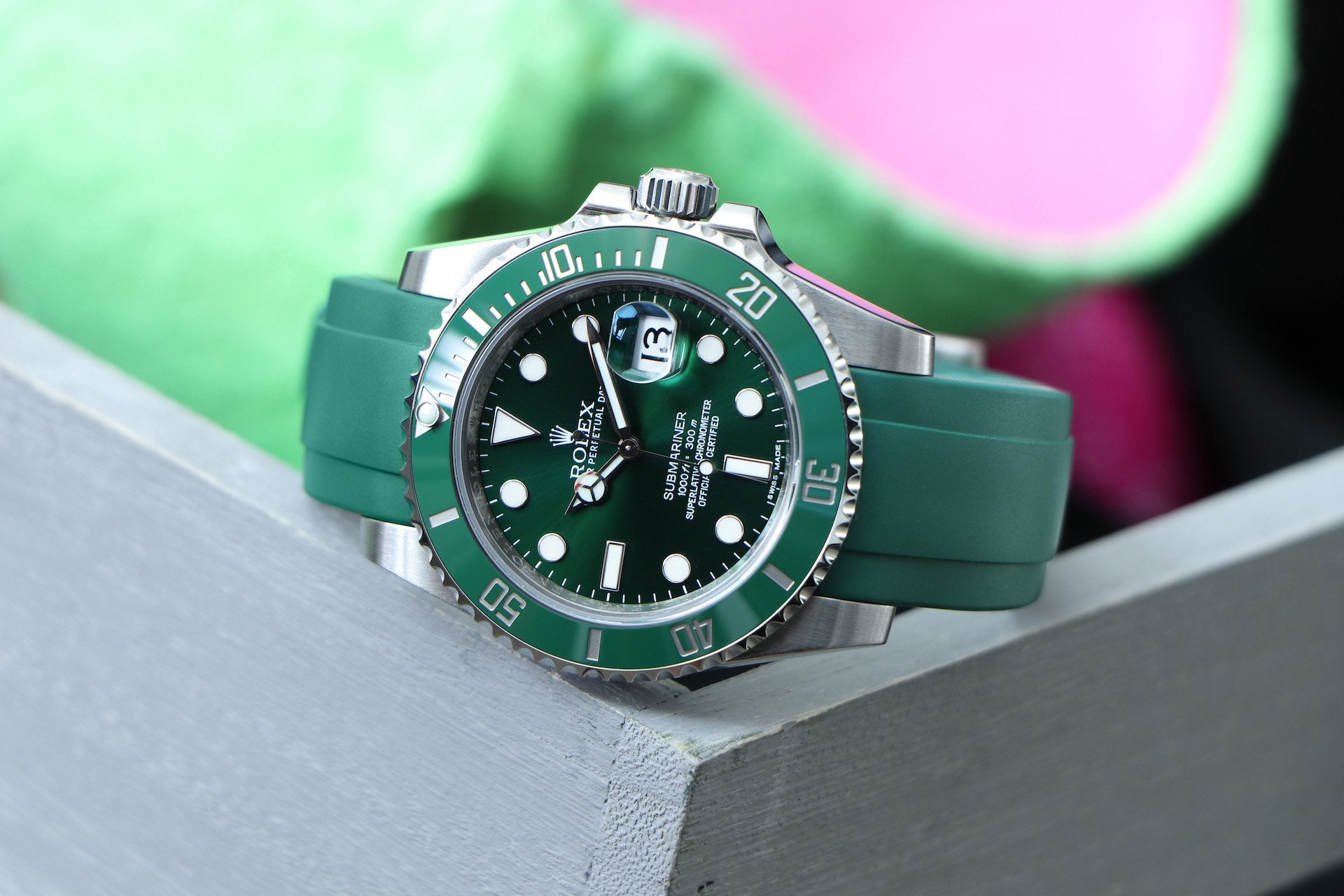 EVEREST Kautschukband für Rolex – Grün mit silberner Dornschließe